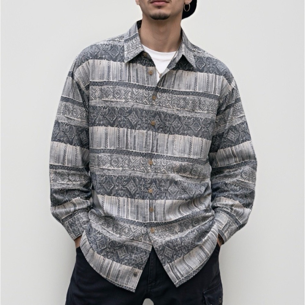 Bugle Boy VTG 90s Abstract Tribal Button Shirt Mens L/XL USA Graphic Grunge Art